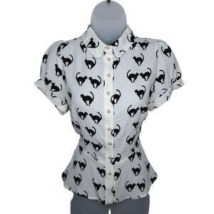 Modcloth x Collectif Mary Grace Meooow Blouse Halloween Cat 8 M Peter Pan Collar